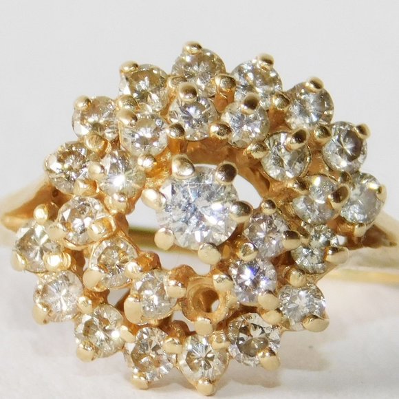Estate 10K Solid Gold Real Diamond Large Cocktail Cluster Anniversary Ring 1+CT - Picture 2 of 8
